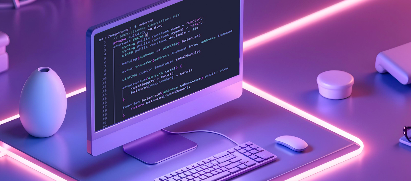 Developer workspace with Solidity code on screen in purple lighting